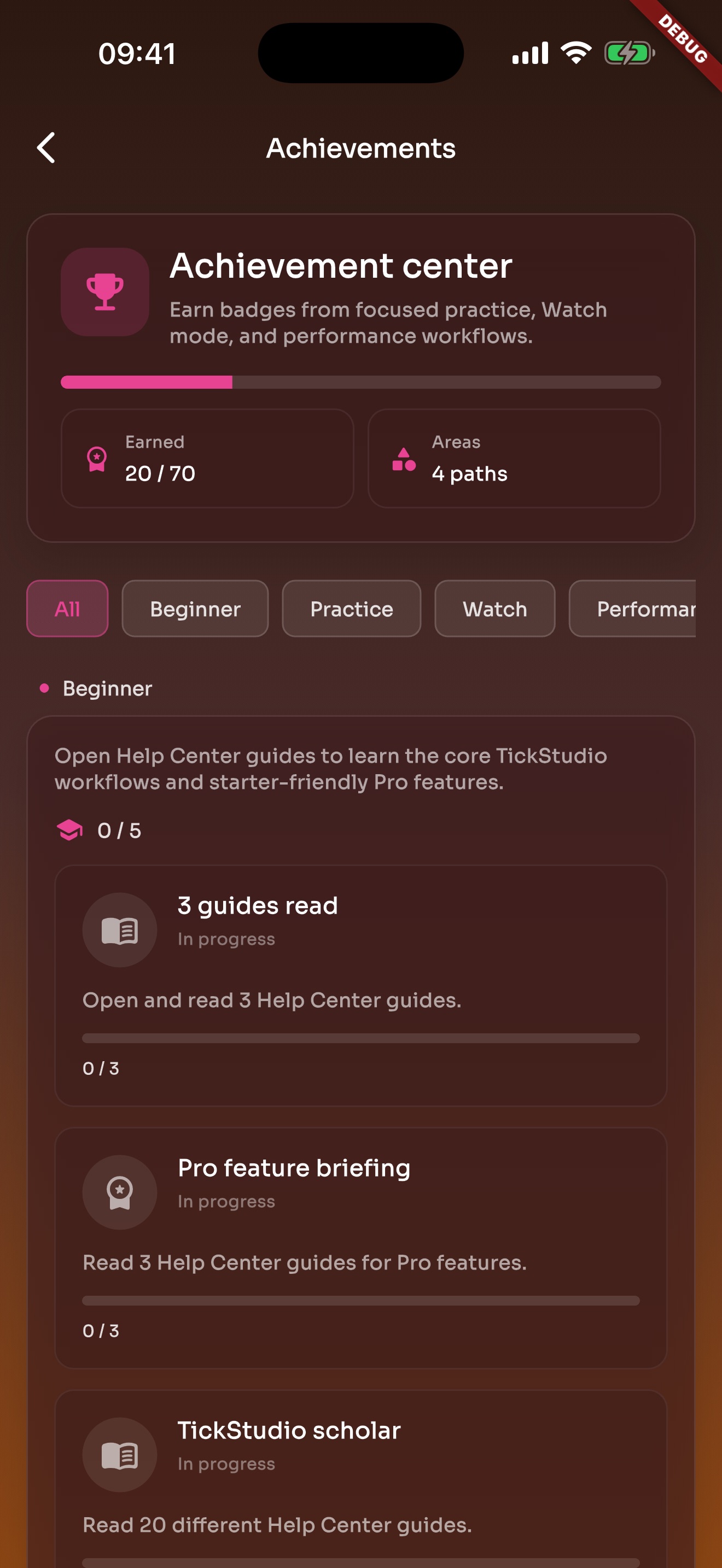 TickStudio achievements screen with practice badges