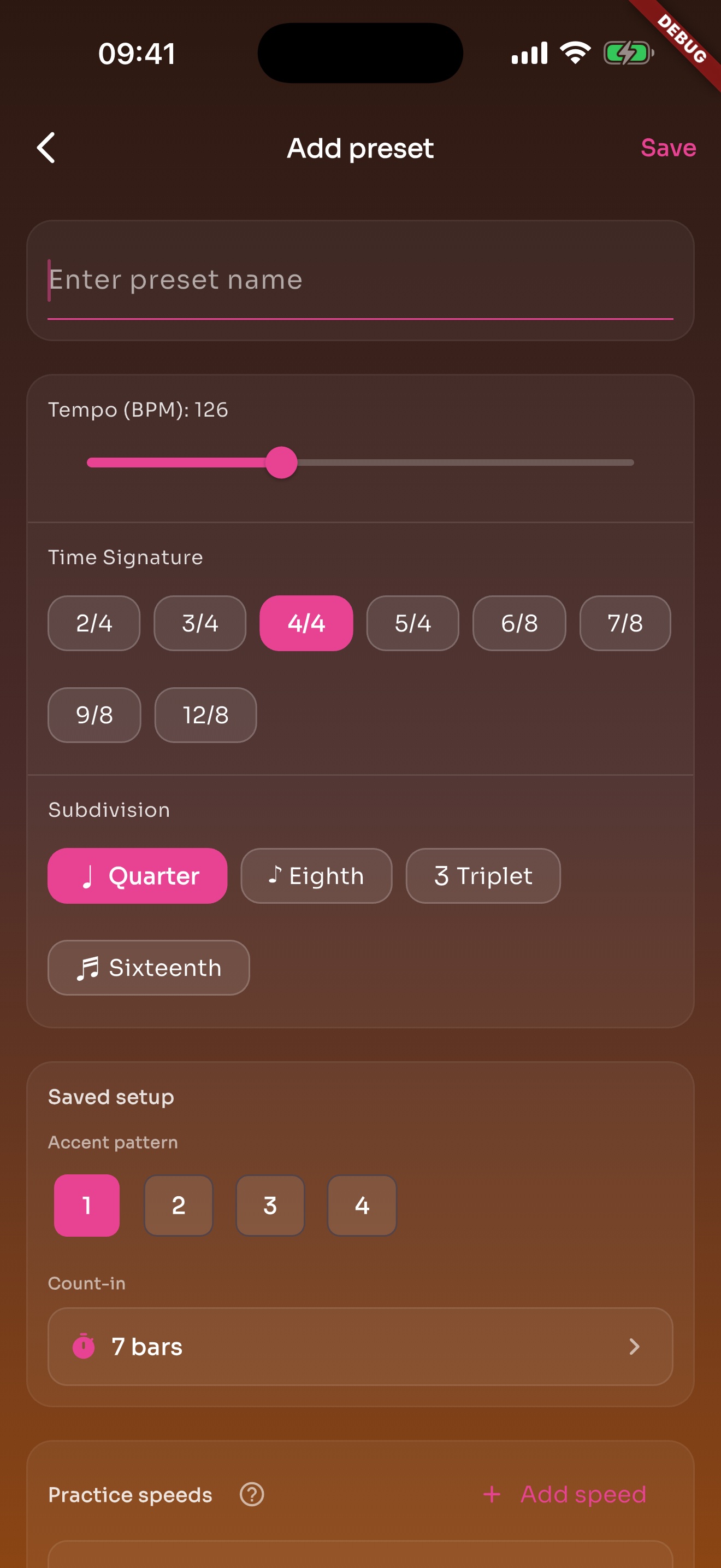 TickStudio add preset screen for saving tempo, meter, subdivision, sound, and practice speeds
