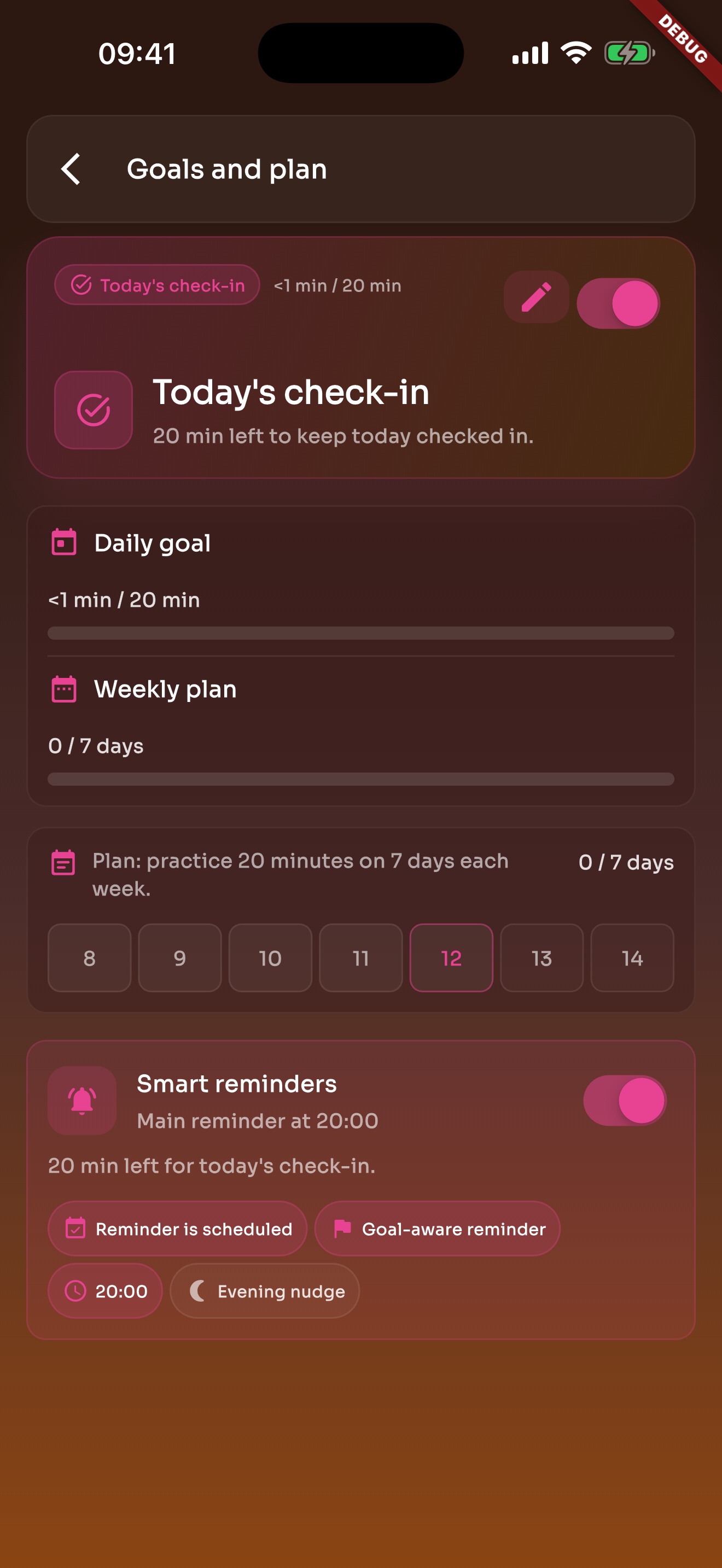 TickStudio goals and plan screen with daily practice targets