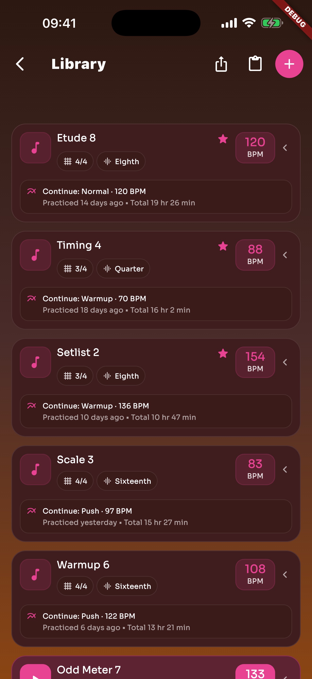 TickStudio library screen with saved presets and practice entries