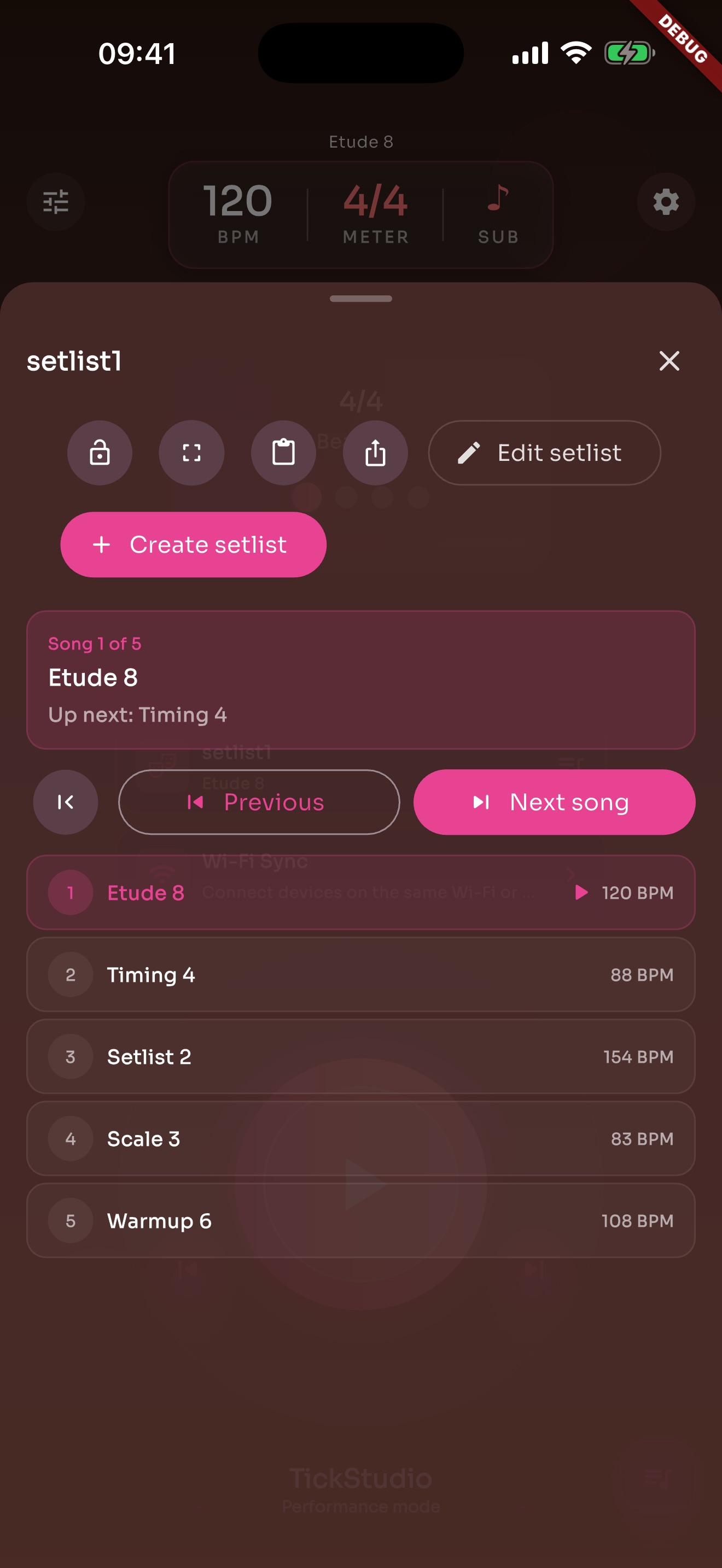 TickStudio setlist screen for rehearsal and performance song order