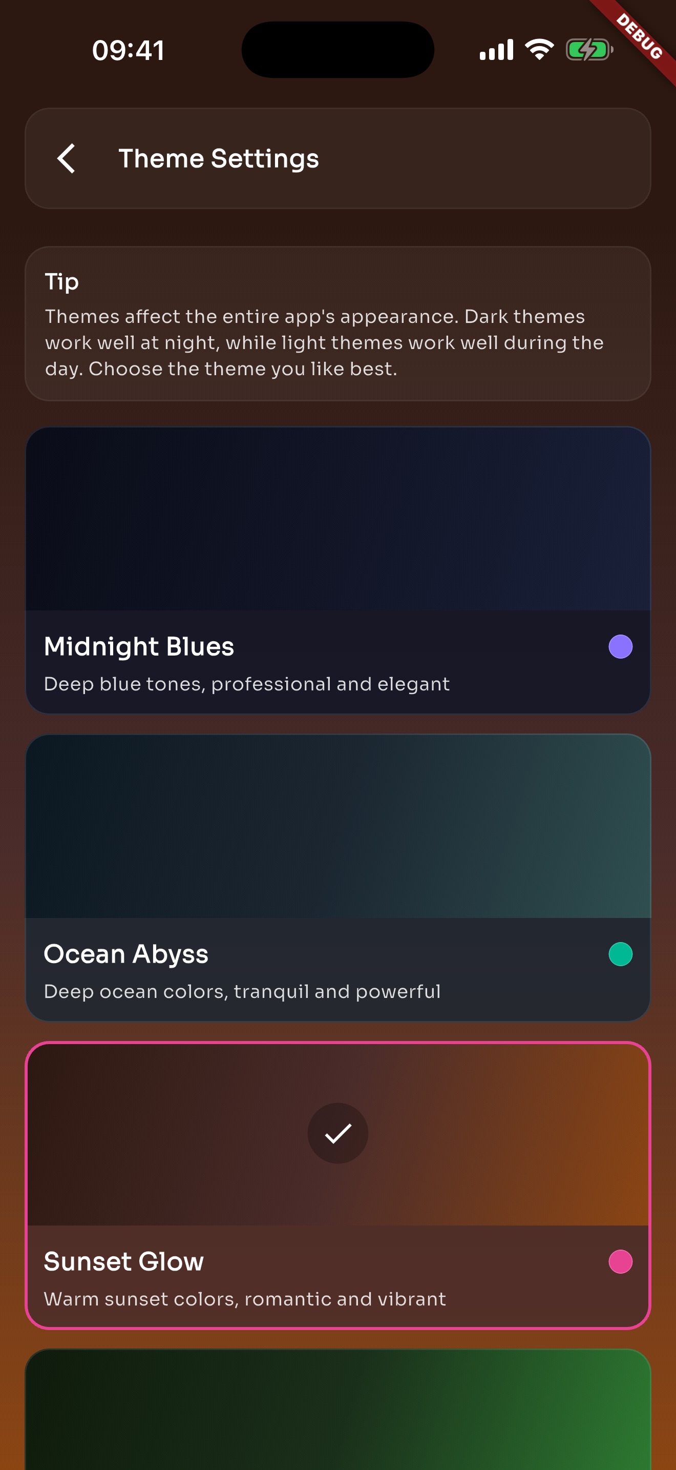 TickStudio theme settings screen for choosing app appearance