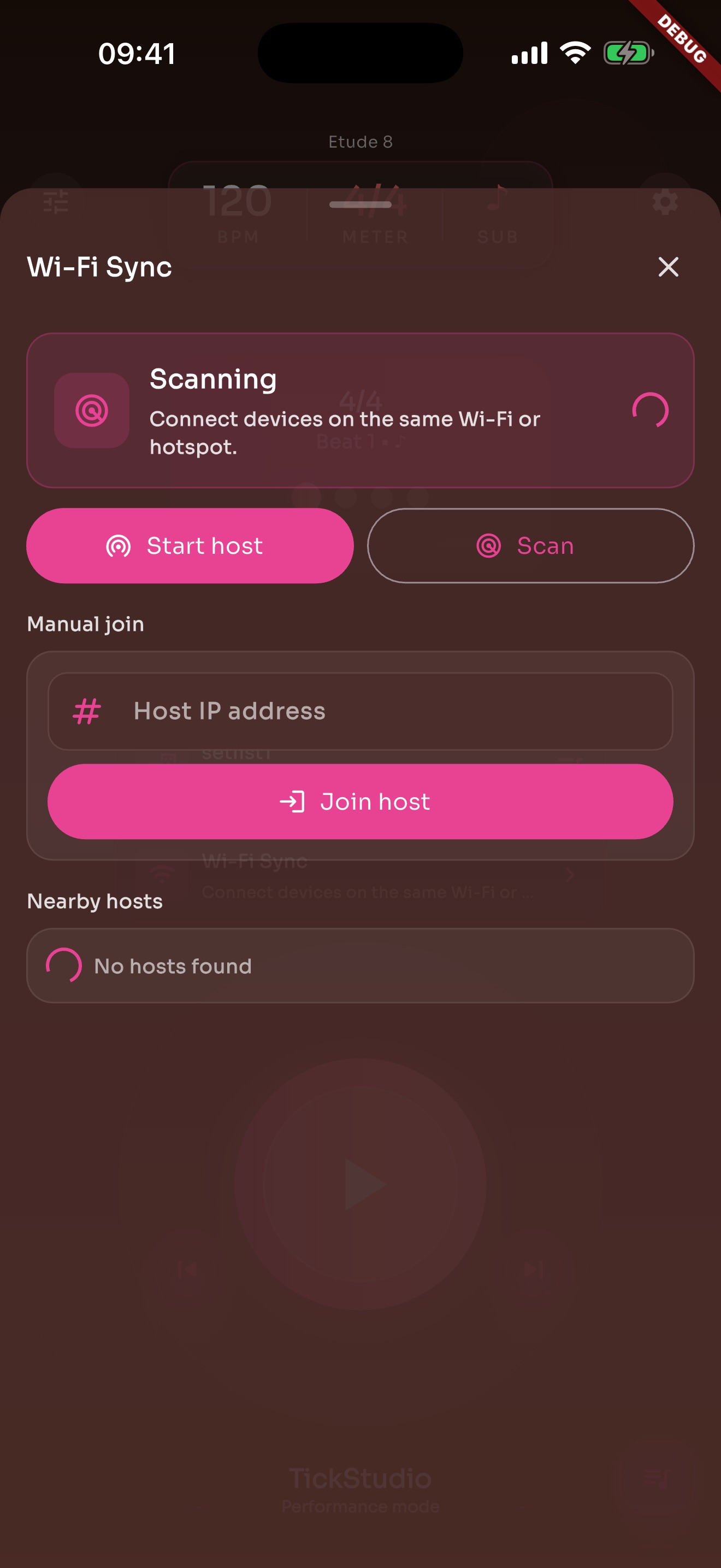 TickStudio Wi-Fi sync screen for connecting devices during rehearsal